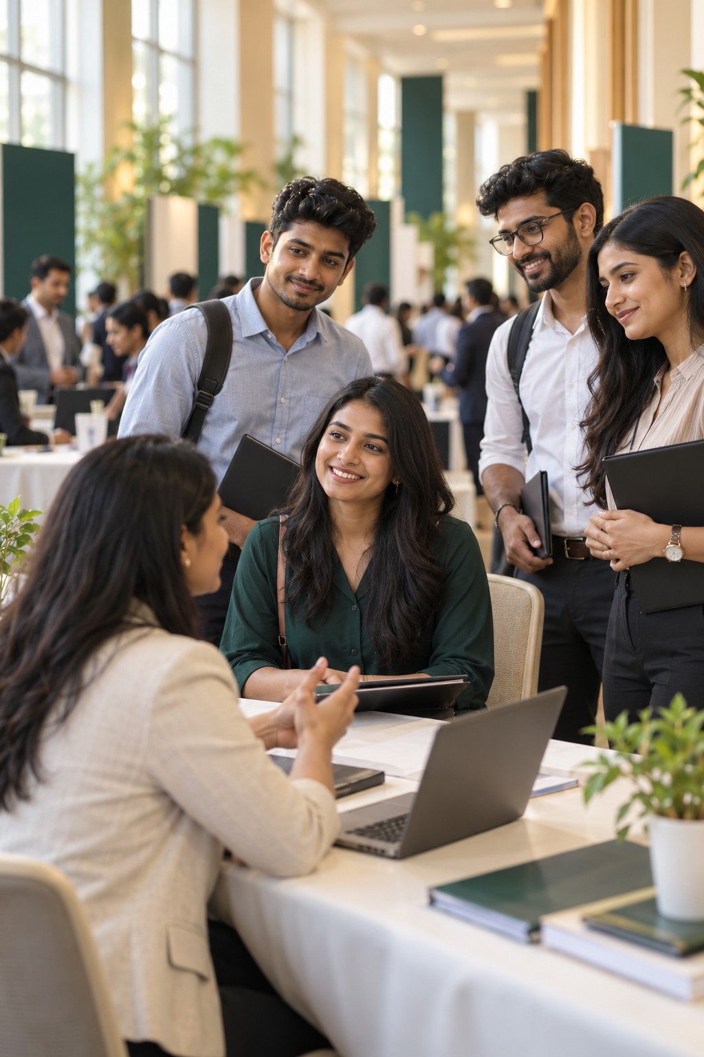 Illustrative scene of Indian job seekers speaking with a recruiter at a job fair